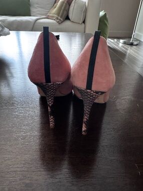 Pink Sarah Jessica Parker Suede High Heel Pumps with Snake-Print Heel